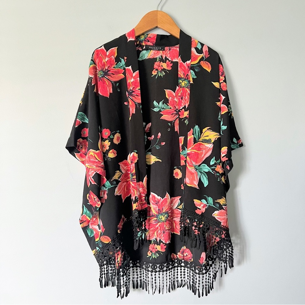 Maverick The Collection Black Floral Kimono with Fringe Size Small